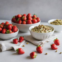 Juicy red strawberries alongside crunchy pistachios and a bowl filled with smooth pistachio cream, all resting on a clean kitchen counter with a casually placed kitchen cloth.