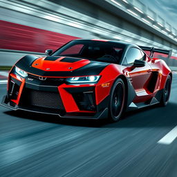 An aggressive sports car featuring a muscular stance, sharp angular design, and a striking bold color palette