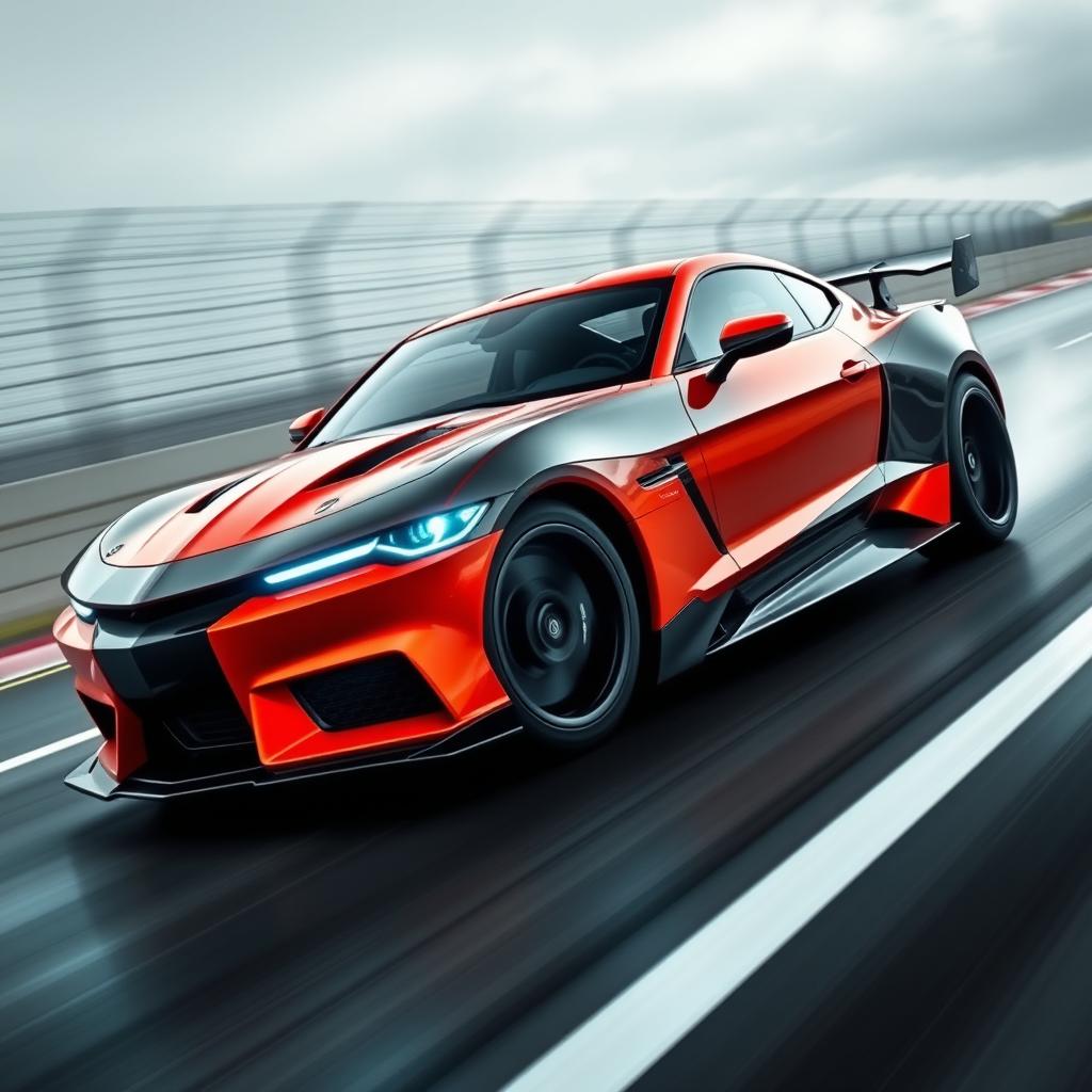 An aggressive sports car featuring a muscular stance, sharp angular design, and a striking bold color palette