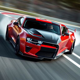 An aggressive sports car featuring a muscular stance, sharp angular design, and a striking bold color palette