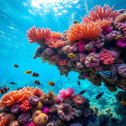 A stunning underwater scene showcasing a vibrant coral reef teeming with colorful marine life