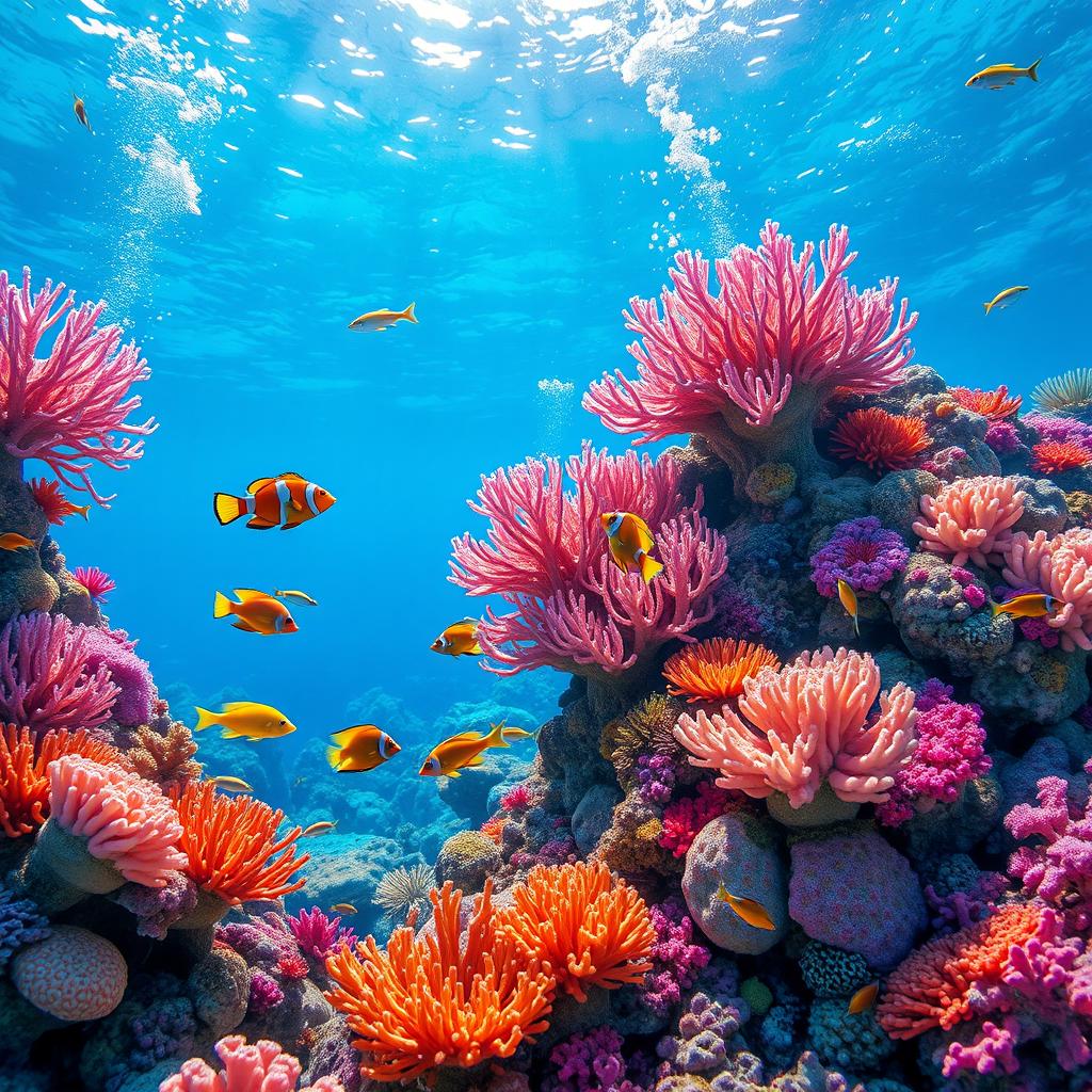 A stunning underwater scene showcasing a vibrant coral reef teeming with colorful marine life