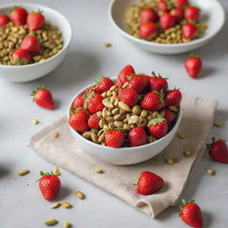 Juicy red strawberries alongside crunchy pistachios and a bowl filled with smooth pistachio cream, all resting on a clean kitchen counter with a casually placed kitchen cloth.