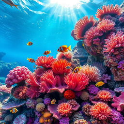 A stunning underwater scene showcasing a vibrant coral reef teeming with colorful marine life