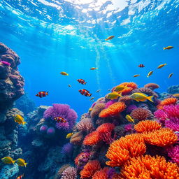 A stunning underwater scene showcasing a vibrant coral reef teeming with colorful marine life