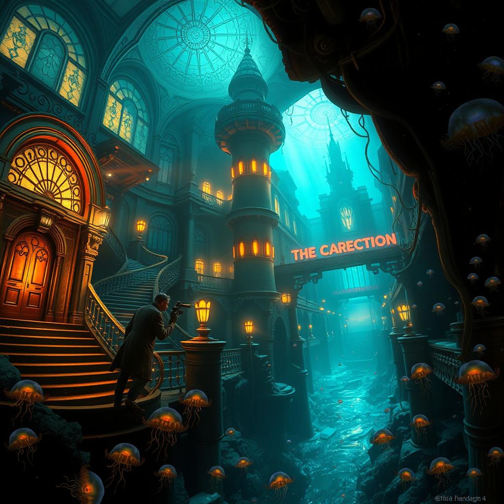 An artistic representation of the underwater city of Rapture from BioShock, showcasing its stunning Art Deco architecture, bioluminescent sea life, and dark, atmospheric tunnels filled with mystery