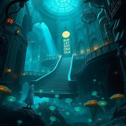 An artistic representation of the underwater city of Rapture from BioShock, showcasing its stunning Art Deco architecture, bioluminescent sea life, and dark, atmospheric tunnels filled with mystery