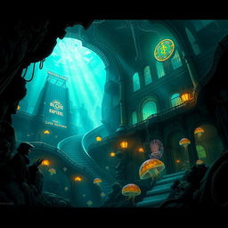 An artistic representation of the underwater city of Rapture from BioShock, showcasing its stunning Art Deco architecture, bioluminescent sea life, and dark, atmospheric tunnels filled with mystery