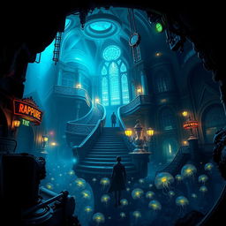 An artistic representation of the underwater city of Rapture from BioShock, showcasing its stunning Art Deco architecture, bioluminescent sea life, and dark, atmospheric tunnels filled with mystery