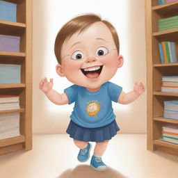 An inspiring cartoon of a Down Syndrome child achieving independence through education, embodying resilience, joy and strength.