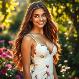 A striking portrait of a hot girl with long flowing hair, wearing a revealing summer dress that accentuates her curves, standing in a sunlit outdoor setting