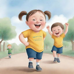 An inspiring cartoon of a Down Syndrome child achieving independence through education, embodying resilience, joy and strength.