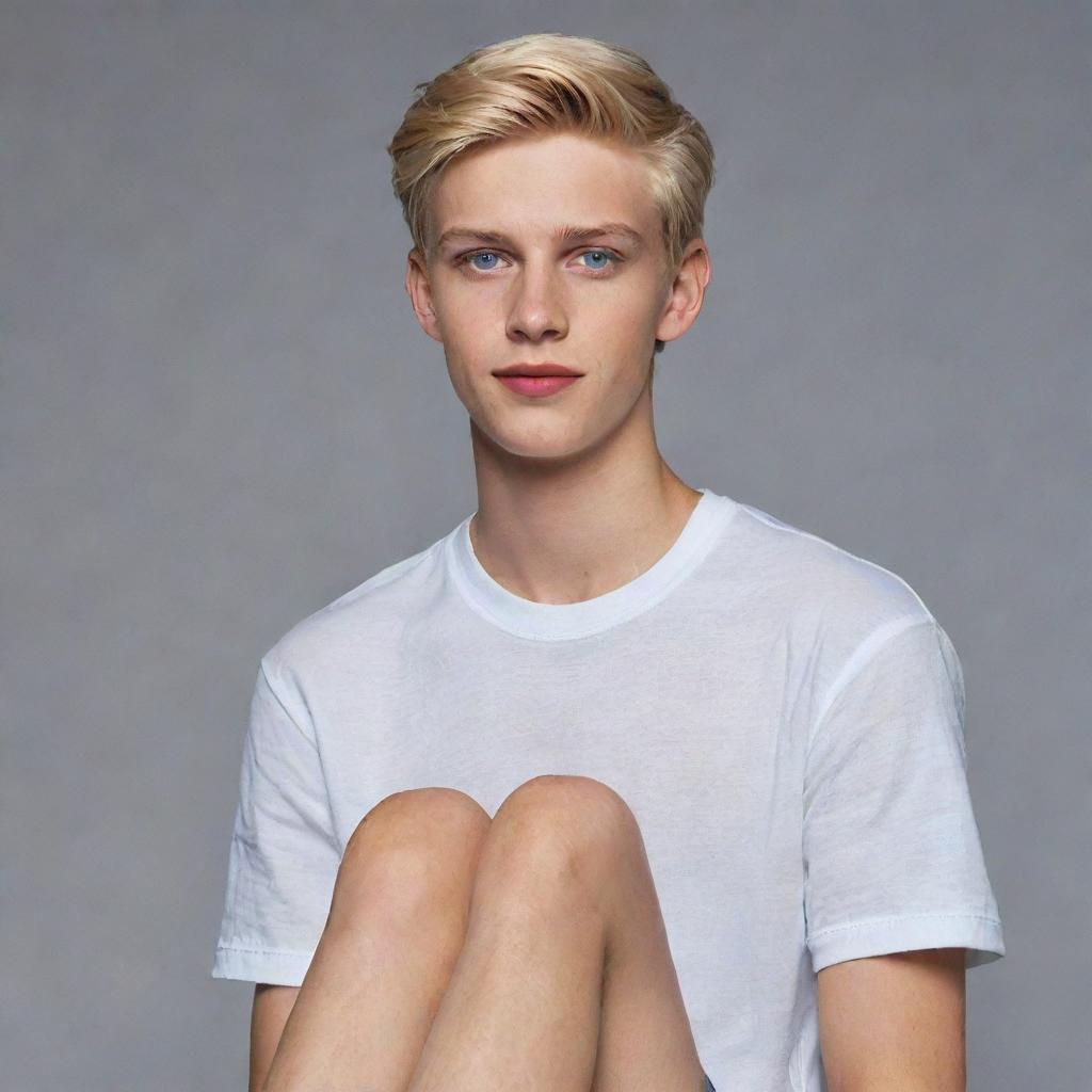 Hyper-realistic full-body image of an 18-year-old boy with Chilean and Spanish heritage, blonde, with blue eyes, 1.80m tall, with red lips. The picture intimately highlights his large, beautifully maintained feet.