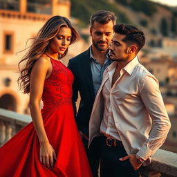 A passionate scene set in Spain featuring a beautiful woman in a striking red dress, with intricate details emphasizing the fabric’s flow and texture