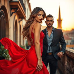 A passionate scene set in Spain featuring a beautiful woman in a striking red dress, with intricate details emphasizing the fabric’s flow and texture