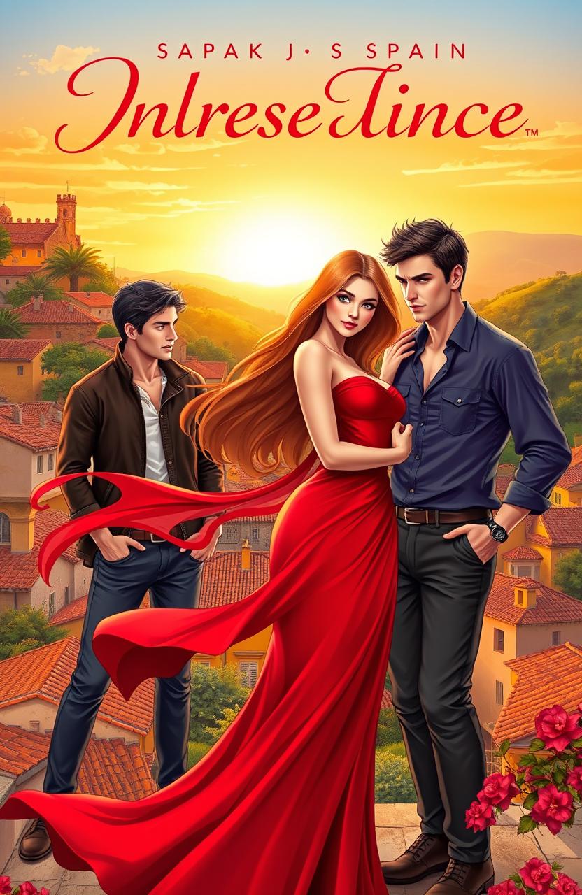 A captivating book cover illustration featuring a beautiful woman in a flowing red dress, standing in a passionate pose