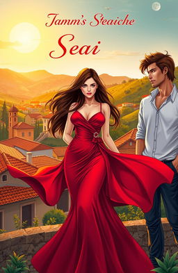 A captivating book cover illustration featuring a beautiful woman in a flowing red dress, standing in a passionate pose