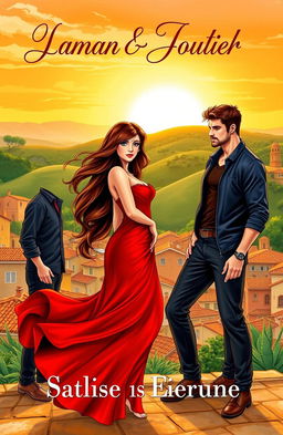 A captivating book cover illustration featuring a beautiful woman in a flowing red dress, standing in a passionate pose