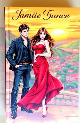 A captivating book cover illustration featuring a beautiful woman in a flowing red dress, standing in a passionate pose