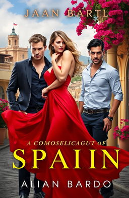 A stunning scene depicting a woman in a flowing red dress, exuding passion and elegance, in a vibrant Spanish setting