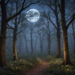 A mysterious, enchanting forest at twilight, highlighted by luminescent fireflies and a whimsical moon peering through the intertwined branches.