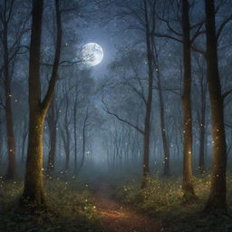 A mysterious, enchanting forest at twilight, highlighted by luminescent fireflies and a whimsical moon peering through the intertwined branches.