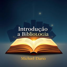 A visually striking e-book cover for 'Introdução a Bibliologia' by Michel Dario, featuring a stylized open book with glowing pages, symbolizing knowledge and enlightenment