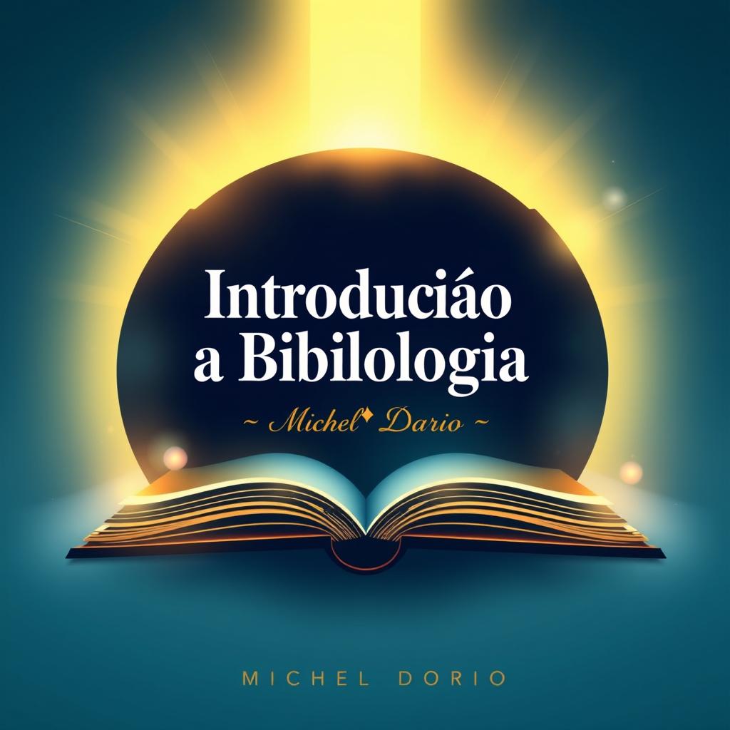 A visually striking e-book cover for 'Introdução a Bibliologia' by Michel Dario, featuring a stylized open book with glowing pages, symbolizing knowledge and enlightenment