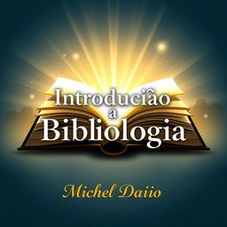 A visually striking e-book cover for 'Introdução a Bibliologia' by Michel Dario, featuring a stylized open book with glowing pages, symbolizing knowledge and enlightenment