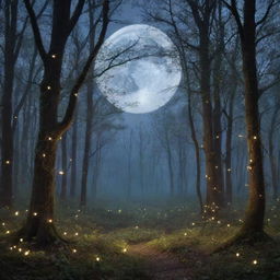 A mysterious, enchanting forest at twilight, highlighted by luminescent fireflies and a whimsical moon peering through the intertwined branches.