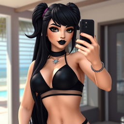 A vibrant Sims-style character named Rebeca Goth with striking black hair styled elegantly, deep black eyes that draw you in, and dramatic black lipstick and eye shadow enhancing her features