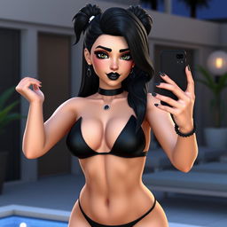 A vibrant Sims-style character named Rebeca Goth with striking black hair styled elegantly, deep black eyes that draw you in, and dramatic black lipstick and eye shadow enhancing her features