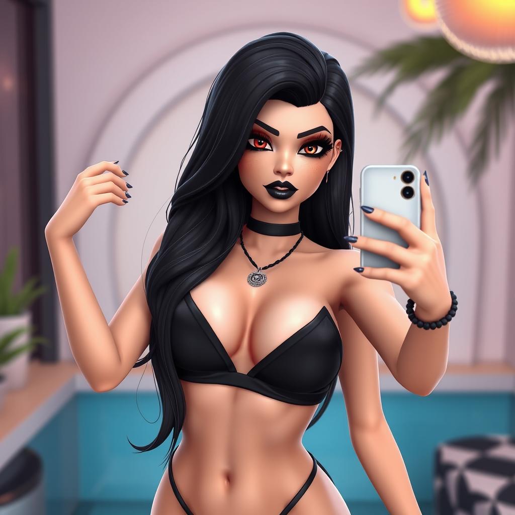 A vibrant Sims-style character named Rebeca Goth with striking black hair styled elegantly, deep black eyes that draw you in, and dramatic black lipstick and eye shadow enhancing her features