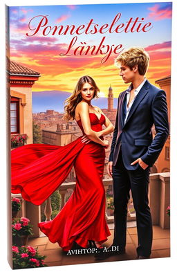 A captivating book cover depicting a stunning girl in a flowing red dress, standing confidently