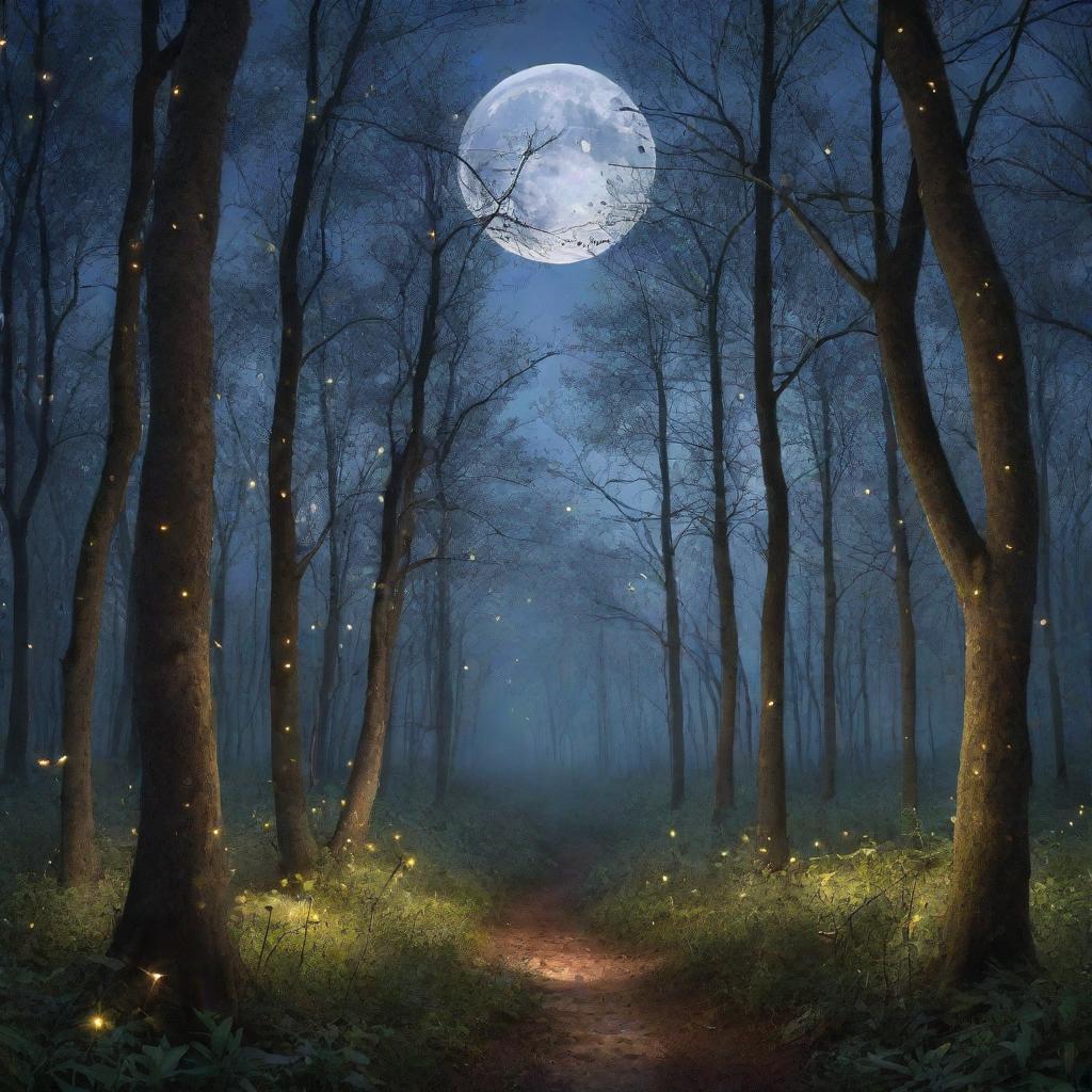 A mysterious, enchanting forest at twilight, highlighted by luminescent fireflies and a whimsical moon peering through the intertwined branches.