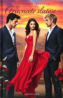 A captivating book cover depicting a stunning girl in a flowing red dress, standing confidently