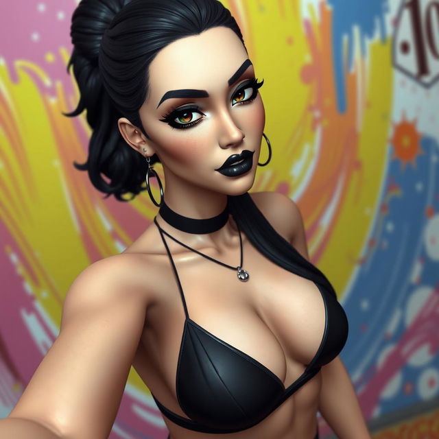 A stunning 3D selfie of Rebeca Goth from The Sims, featuring her with striking black hair styled elegantly, intense black eyes, bold black lipstick, and dramatic black eye shadow that accentuates her features