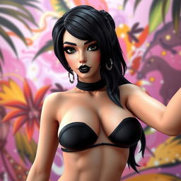 A stunning 3D selfie of Rebeca Goth from The Sims, featuring her with striking black hair styled elegantly, intense black eyes, bold black lipstick, and dramatic black eye shadow that accentuates her features