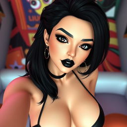 A stunning 3D selfie of Rebeca Goth from The Sims, featuring her with striking black hair styled elegantly, intense black eyes, bold black lipstick, and dramatic black eye shadow that accentuates her features