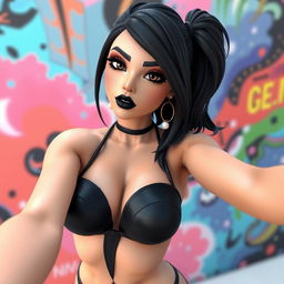 A stunning 3D selfie of Rebeca Goth from The Sims, featuring her with striking black hair styled elegantly, intense black eyes, bold black lipstick, and dramatic black eye shadow that accentuates her features