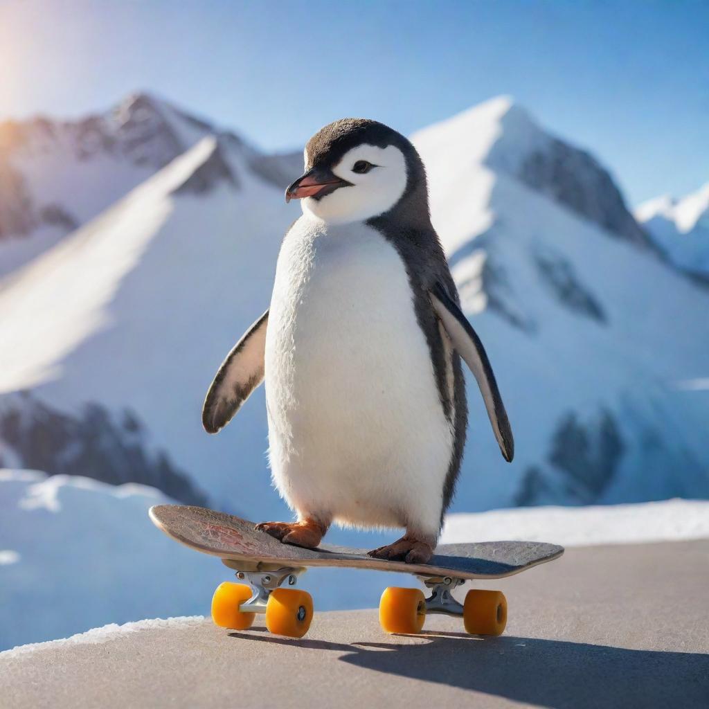 A cute penguin effortlessly riding a skateboard, with a cool background filled with icy mountains and warm sunrays.