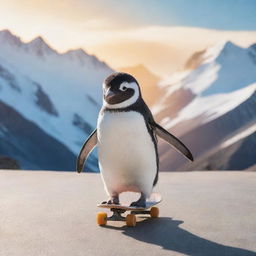 A cute penguin effortlessly riding a skateboard, with a cool background filled with icy mountains and warm sunrays.