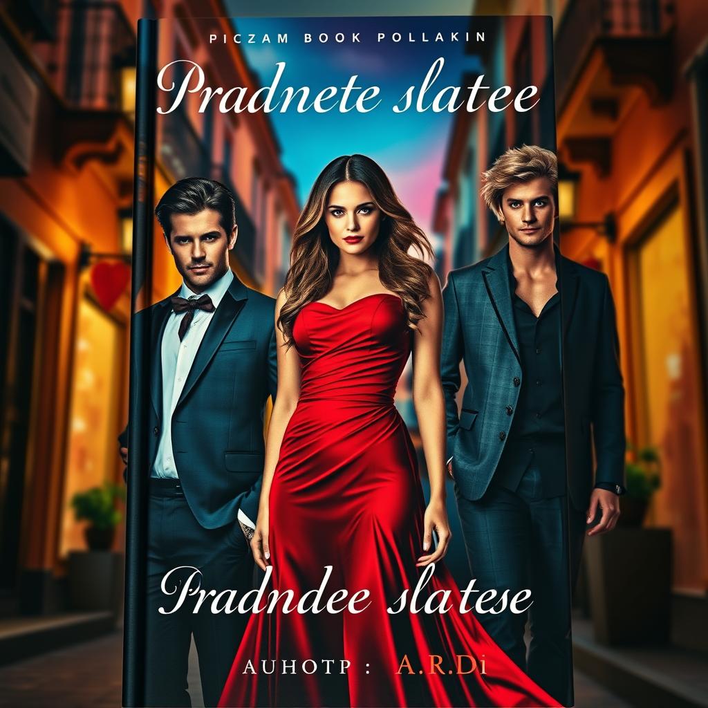 An alluring book cover featuring a stunning girl in a vibrant red dress, standing at the forefront with an expression of confidence and allure