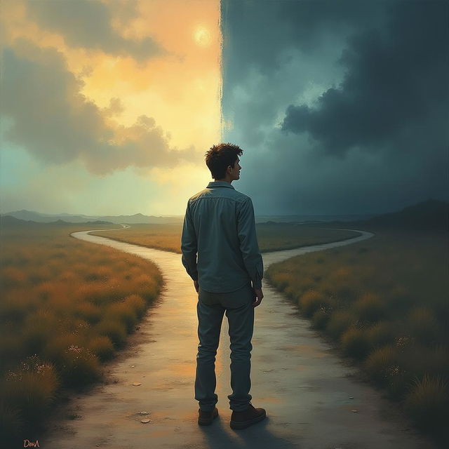 A thoughtful and reflective image depicting a person standing at the crossroads, one path leading towards a serene landscape symbolizing peace and healing, and the other leading to a dark and stormy environment representing struggle and loss