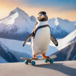 A cute penguin effortlessly riding a skateboard, with a cool background filled with icy mountains and warm sunrays.