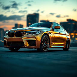 A stunning BMW M5 F90 in a lavish gold finish, featuring intricate carbon fiber detailing on the body