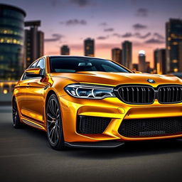 A stunning BMW M5 F90 in a lavish gold finish, featuring intricate carbon fiber detailing on the body