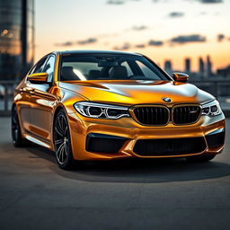 A stunning BMW M5 F90 in a lavish gold finish, featuring intricate carbon fiber detailing on the body