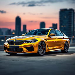 A stunning BMW M5 F90 in a lavish gold finish, featuring intricate carbon fiber detailing on the body