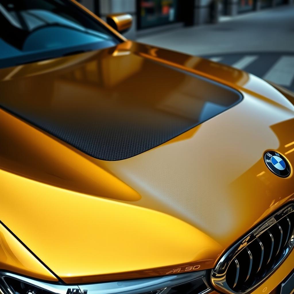 A shiny golden BMW M5 F90 with a unique forged carbon hood, showcasing its sleek and aggressive design